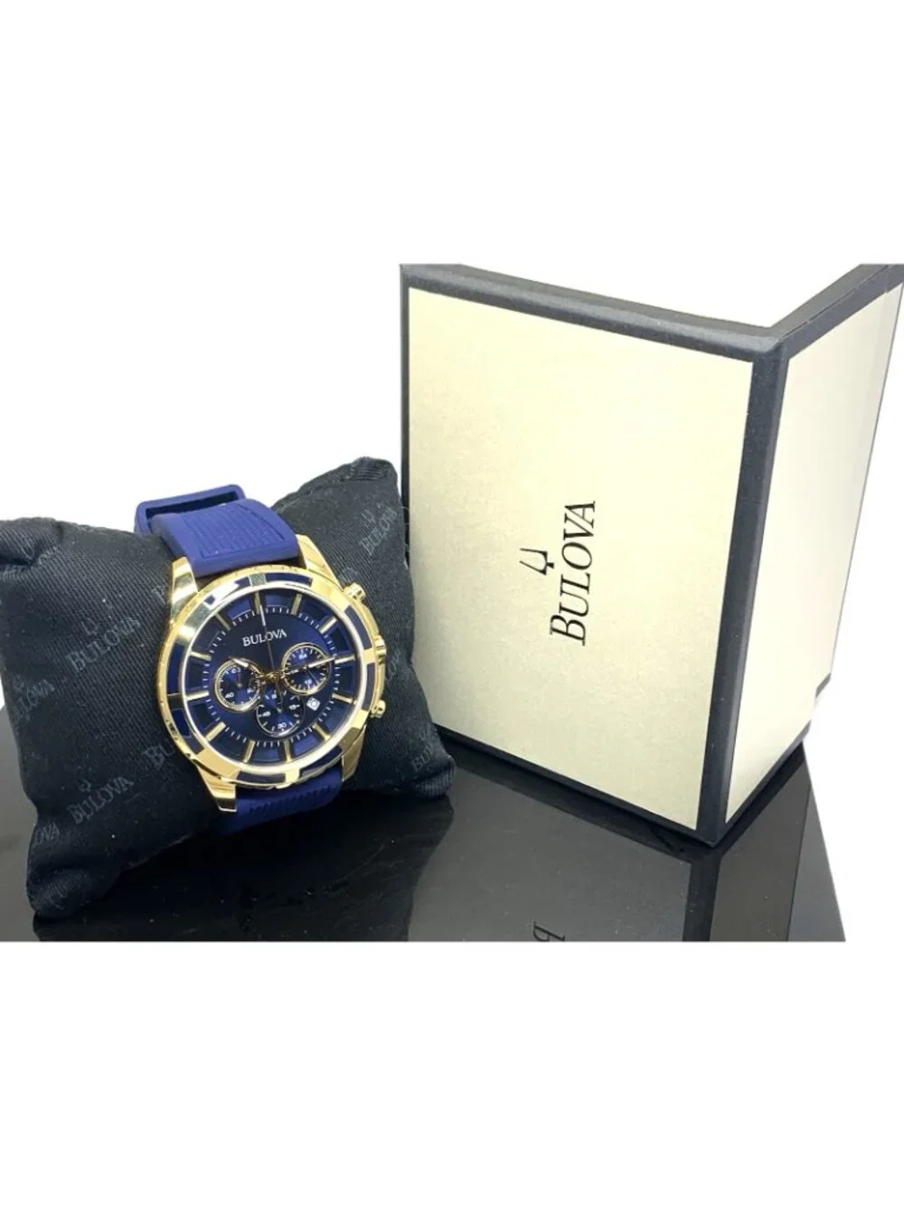 Bulova Men's Watch 97B222 Quartz Chronograph Gold Blue Dial Rubber Strap 44mm
